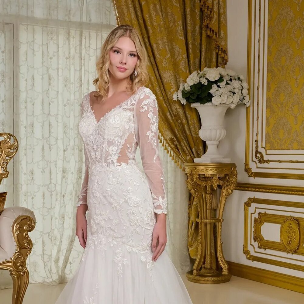 New Off White Trumpet Wedding Mesh Gown w/ Floral Lace & Long Sleeves GL3659